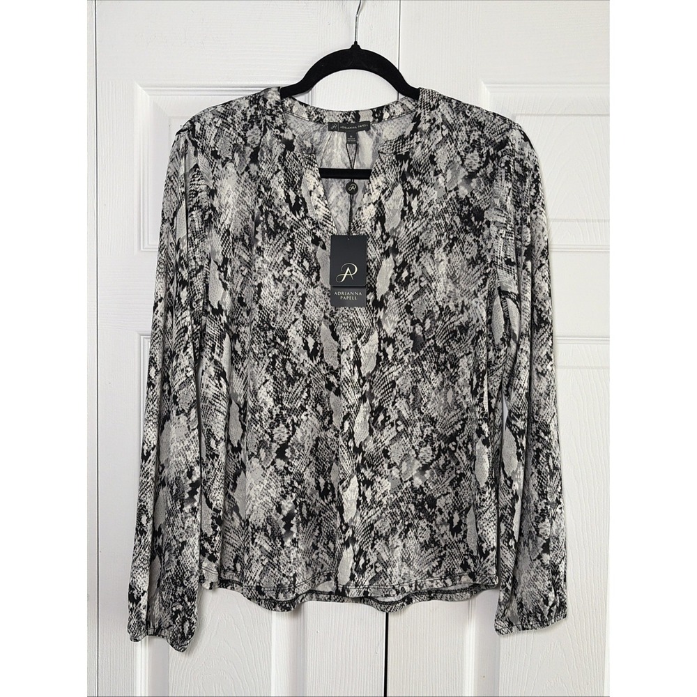 Adrianna Papell Shirred V-Neck Blouse Womens Size M Gray Snake Print Knit Top